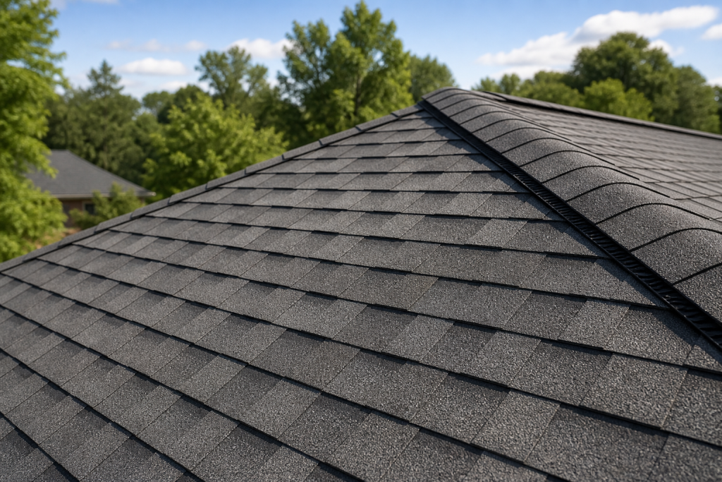 Close view of premium dimensional architectural roof shingles with defined layers and ridge cap